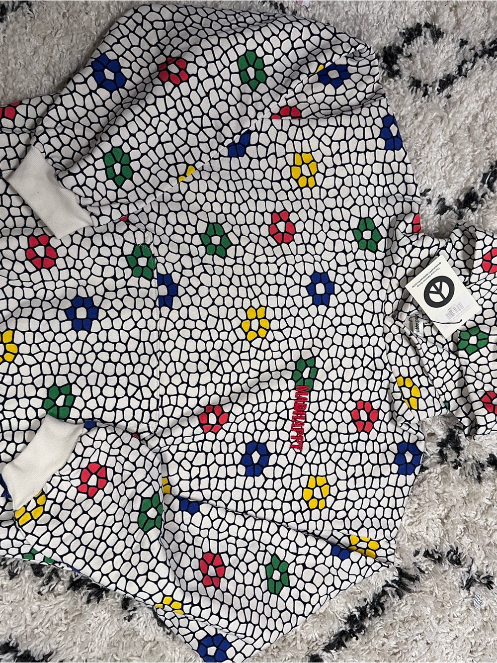 Madhappy White and Navy Pebble Print Sweater with Yellow Accent